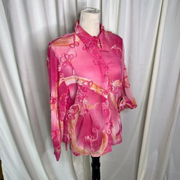 Sea Suns Vintage Floral Blouse Pink Sheer Ruffled Button Up Women's Medium 90s - Picture 8 of 12